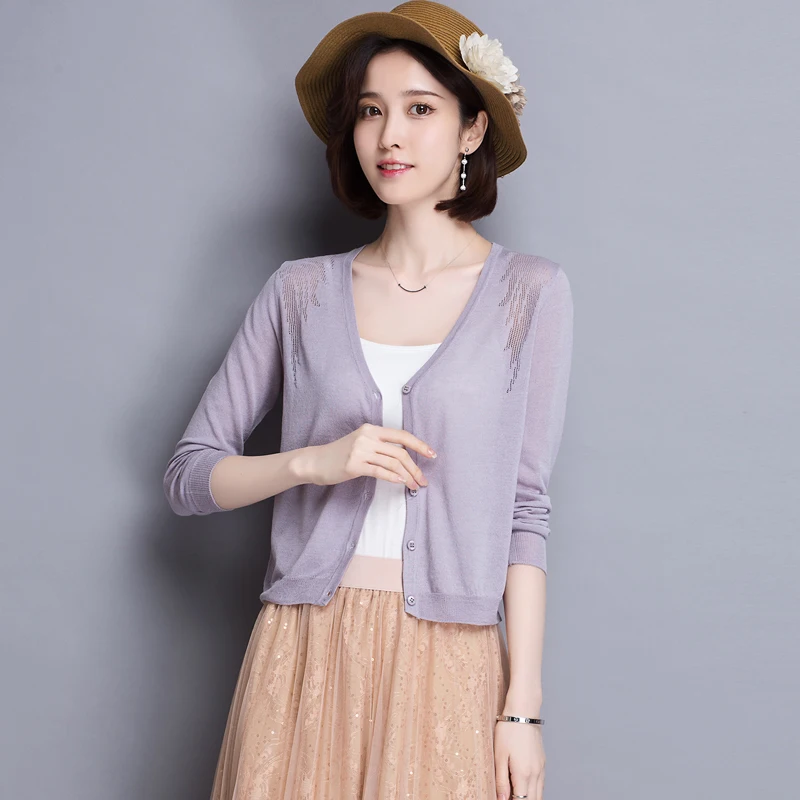 

Women's spring & summer hollow see through knitwear cardigan elegant lady v-neck solid color thin transparent knit outwear coat