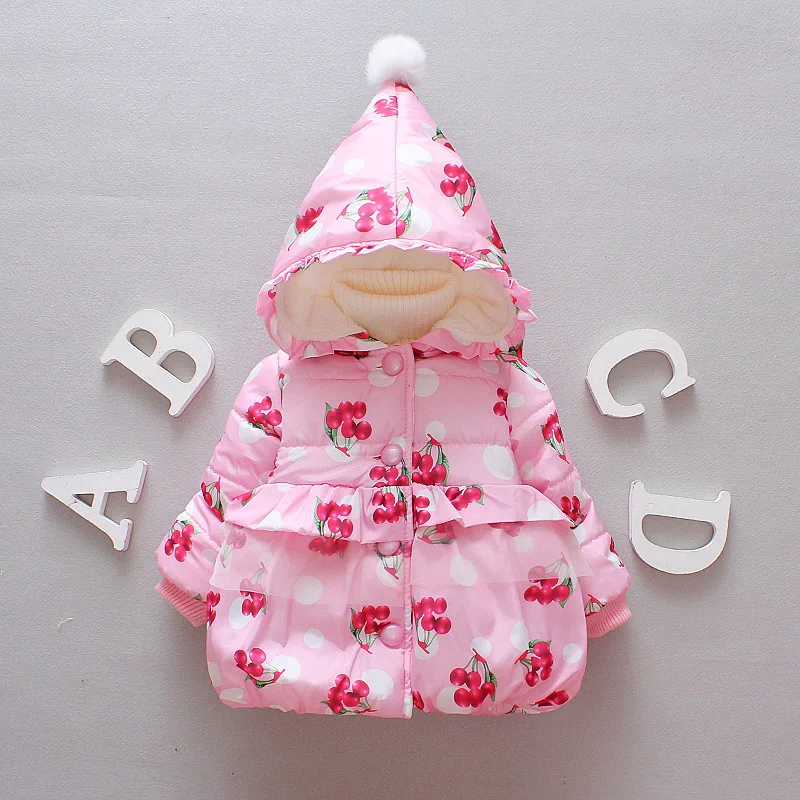 Детская зимняя куртка для девочек милая с капюшоном и рисунком вишни пальто