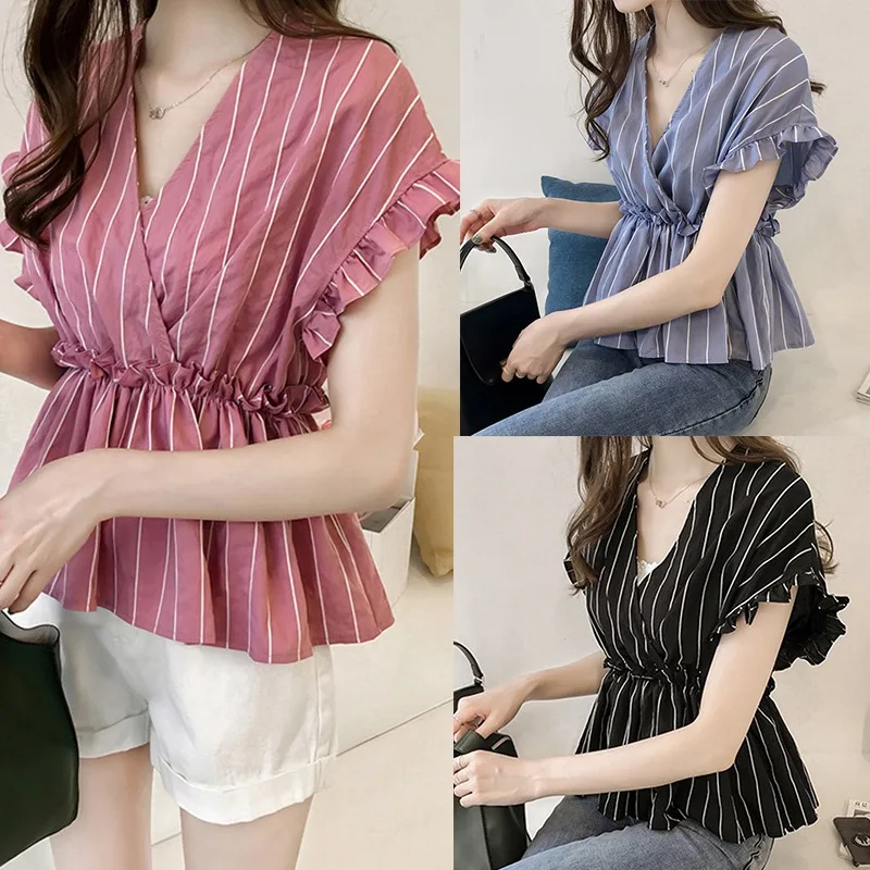 

Fashion Ruffles Blouse Women Summer Short Butterfly Sleeve Striped V-Neck Shirt Casual Tops