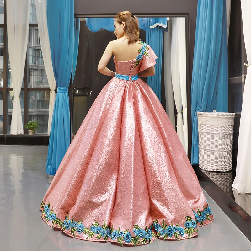 J66738 jancдекабря розовые платья Quinceanera 2020 на одно плечо с коротким рукавом