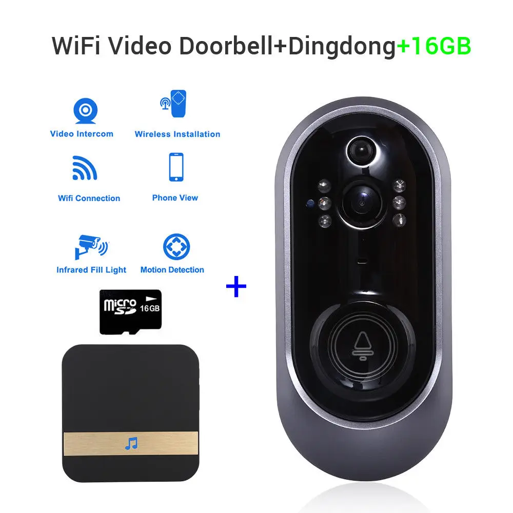 Умный WiFi дверной звонок 720P домофон камера Телефон Запись аудио + Dingdong 16 ГБ TF Карта