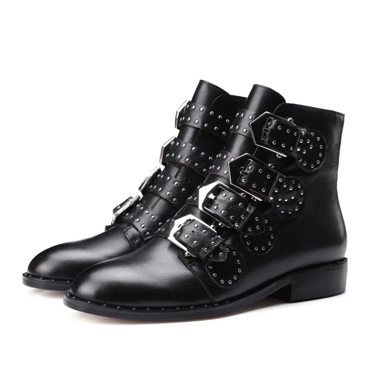 Rivets Faux Leather Booties Buckle Straps Thick Heel Black Ankle Women Boots Studded Decorated Woman Motorcycle | Обувь