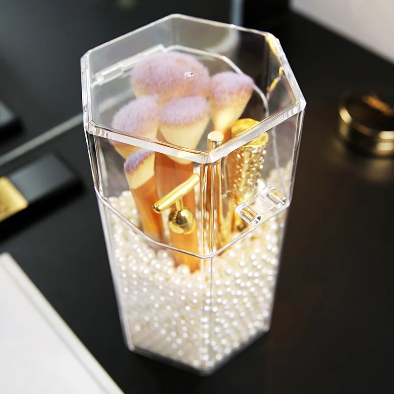 with white pearls М Шестигранная PS пластиковая Кисть для макияжа, держатель для жемчуга, коробка, прозрачные шестиугольные Пластиковые кисти для макияжа, держатель для хранения жемчуга, коробка C5052 - Цвет: with white pearls
