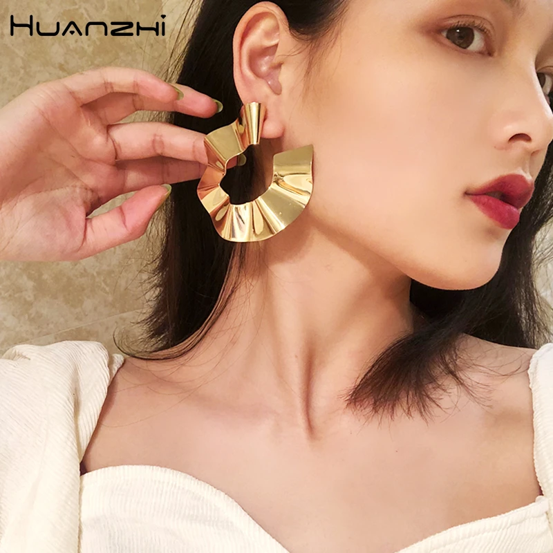 Женские круглые серьги HUANZHI большие золотые с металлическими пайетками подарок