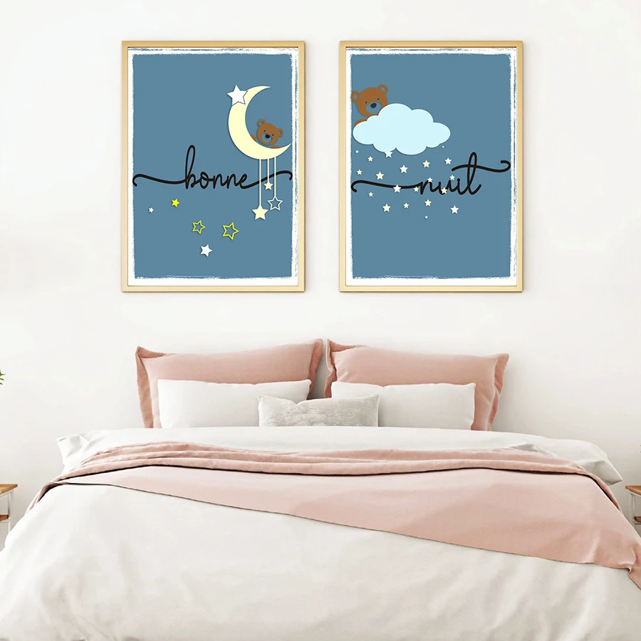 Bonne Nuit цитаты настенное печатное Искусство картинки для детей плакат на спальне