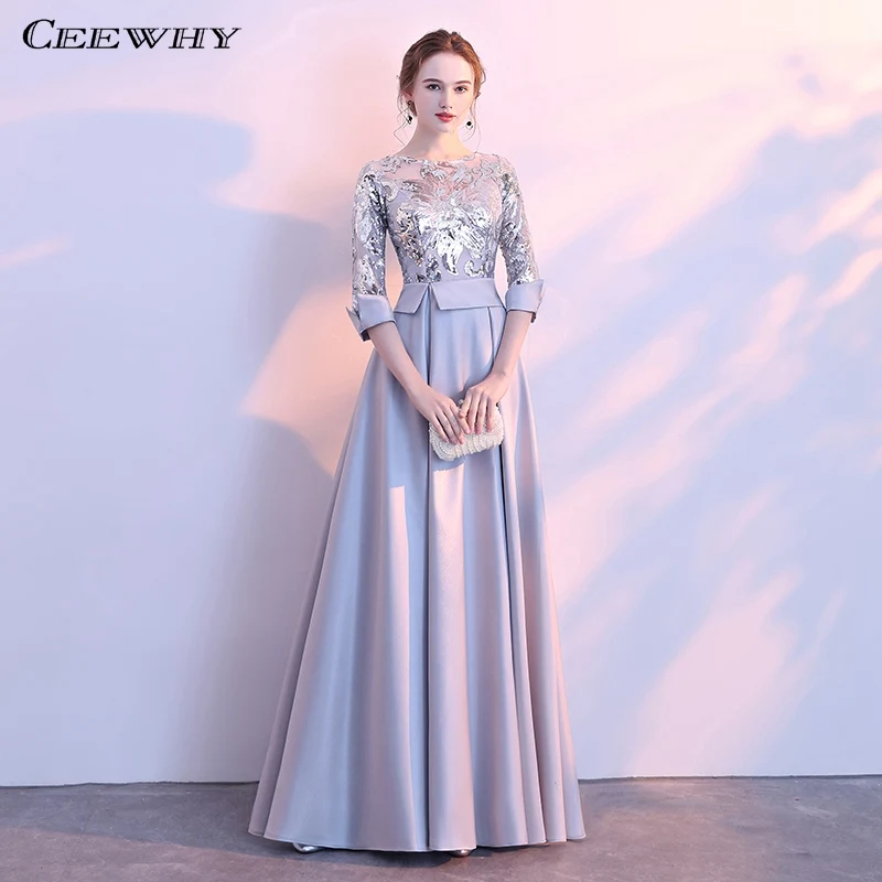 silver CEEWHY A-Line атласное арабское вечернее платье для мусульманских женщин плюс размер вечернее платье с пайетками полурукав вечернее платье длинный халат Longue - Цвет: silver