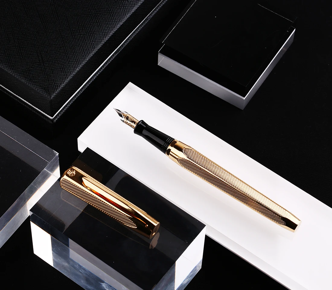 Hero 2191 14K Золотая коллекция авторучка Золотая гравировка рябь двухголовый Средний Перьевая ручка и коробка для бизнеса и офиса