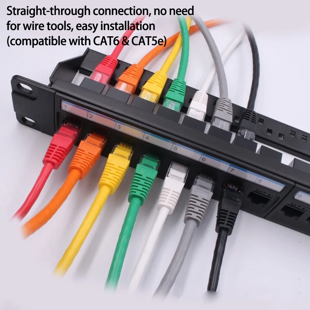 New 19in 1U Rack 24 Port Straight-through CAT6A Patch Panel RJ45 Network Cable Adapter Keystone Jack Ethernet Distribution Frame images - 6