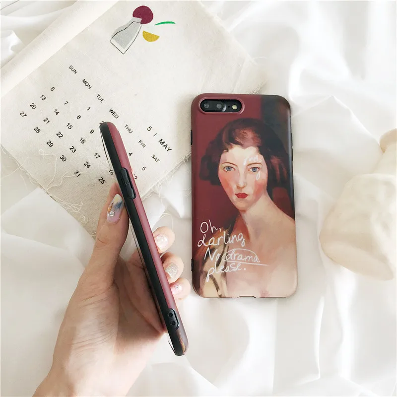 Wine Red Retro Oil painting Girl Phone case For iphone X Soft silicone cover 6S 7 8 Puls Back Funny Letter | Мобильные телефоны и