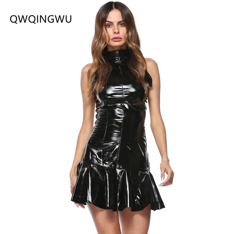 Dress S-3XL Sexy Latex Leather PVC Wet Look Dress Sleeveless With Zipper Catsuit Bondage Clubwear Pole Dance Costume Mini Dress s 3xl ladies sexy patent leather bare breast mini dress stand collar back zipper wet look stage performance costume