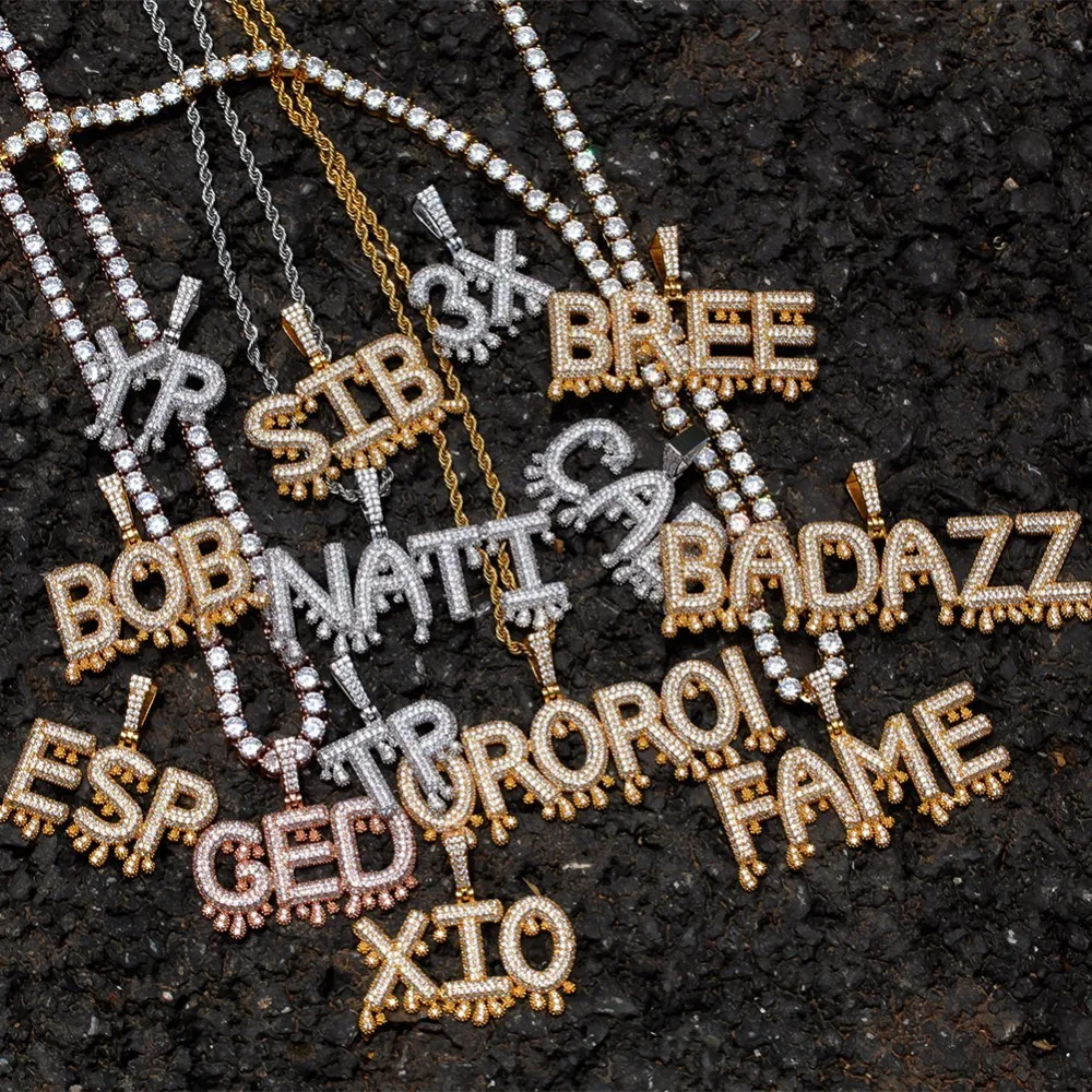 Uwin Custom Words Name Pendants Dripping Bubble Initial Letters With 4mm CZ Tennis Chain Pendant Full Gold Color Iced Jewelry