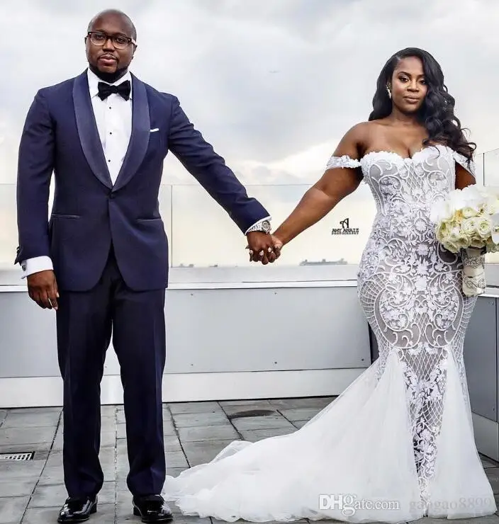 Mermaid Wedding Dresses Modest Plus Size Off Shoulder Trumpet Bridal Gowns Sweep Train Tulle Lace African Dress Custom M | Свадьбы и