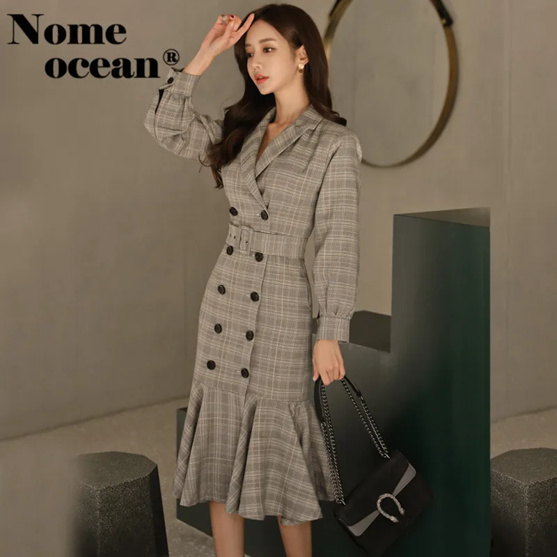 Women OL Slim Blazer Dress Female Notched Long Sleeve Plaid Business Double Breasted Belted Midi of Girl M19021709 | Женская одежда
