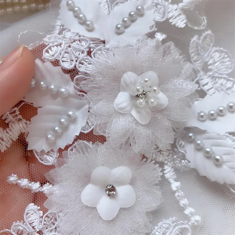 1 Pair Off-white Elegant 3D Flower Embroiderey Pearl Beaded Lace Applique Trim Dress Fabrics Material | Дом и сад