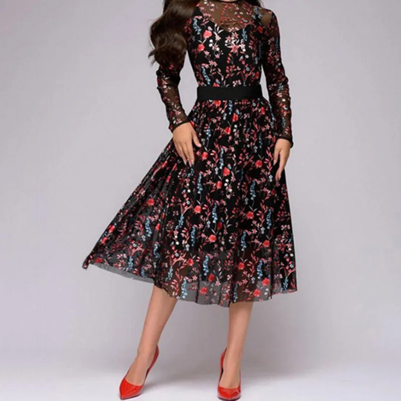 Bella Philosophy Sexy Women Floral Embroidery knee-length Dress print O-Neck belt dress See-through Black perspective | Женская одежда
