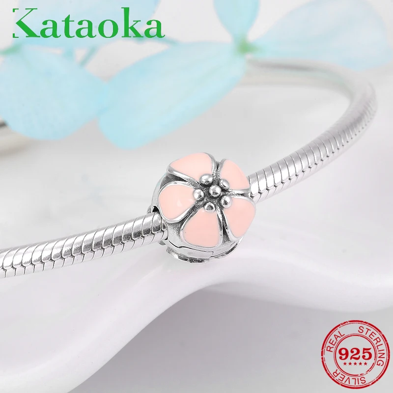 Authentic 925 Sterling Silver charms clips lock beads pink enamel flower Safety Stopper Fit Original Pandora Charm Bracelet | Украшения и