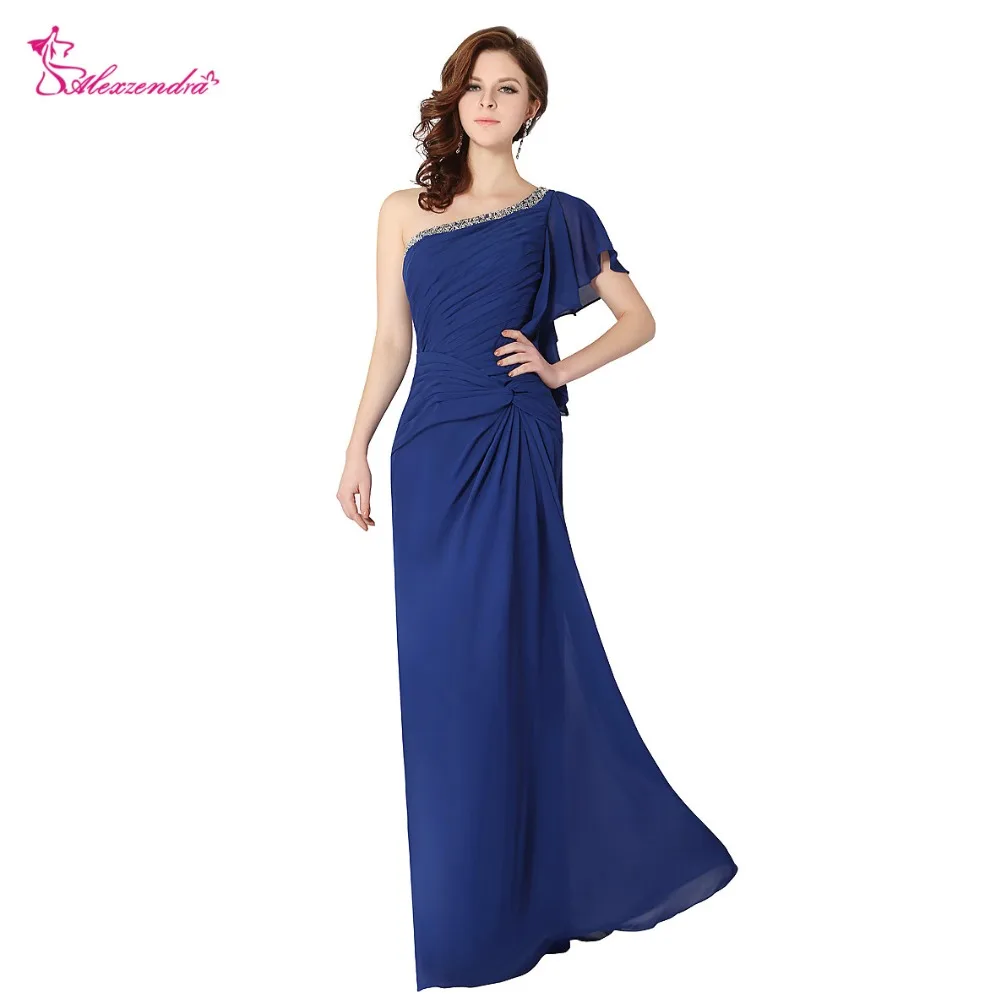 

Alexzendra One Shoulder A Line Chiffon Long Prom Dresses Simple Beaded Pleats Party Dress Plus Size
