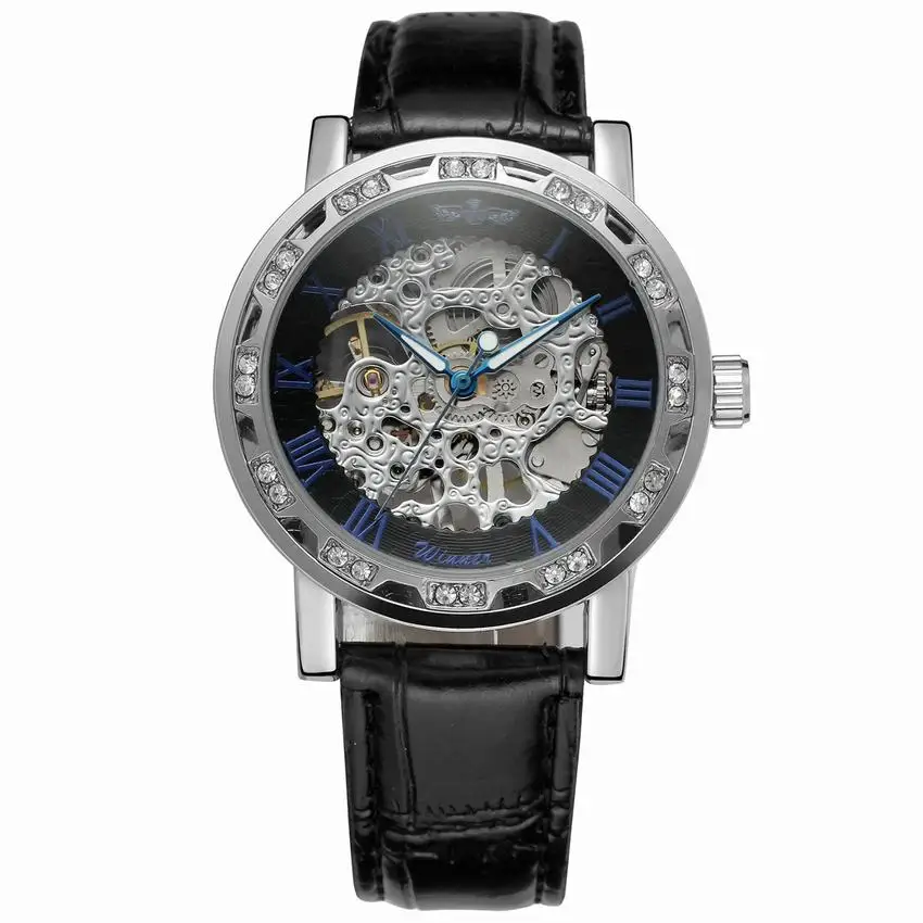 silver blue black Модные прозрачные женские механические наручные часы-Скелетон Winner с римскими буквами в стиле ретро Королевского дизайна - Цвет: silver blue black