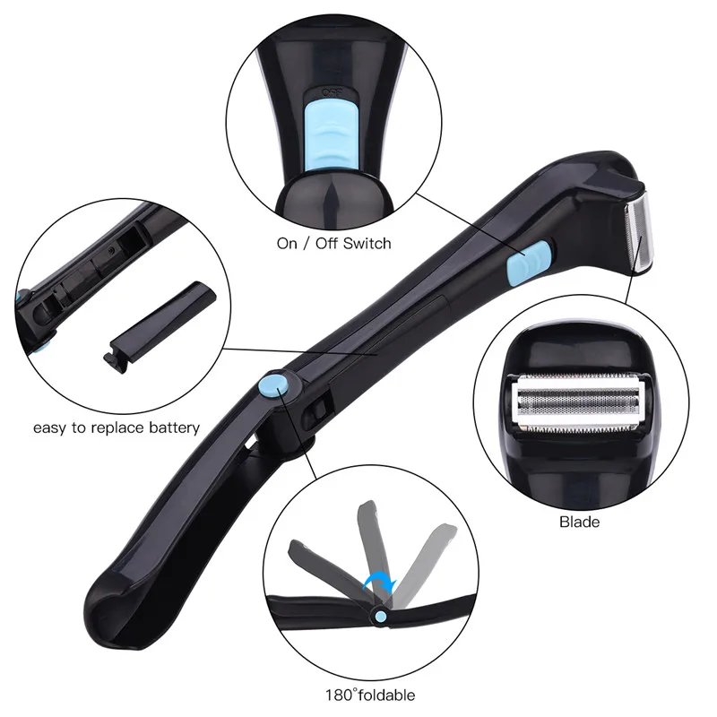 Long Handle Electric Back Hair Shaver Men Foldable Shoulder Chest Hair Shaving Razor Handle Body Hair Trimmer Battery Powered 40