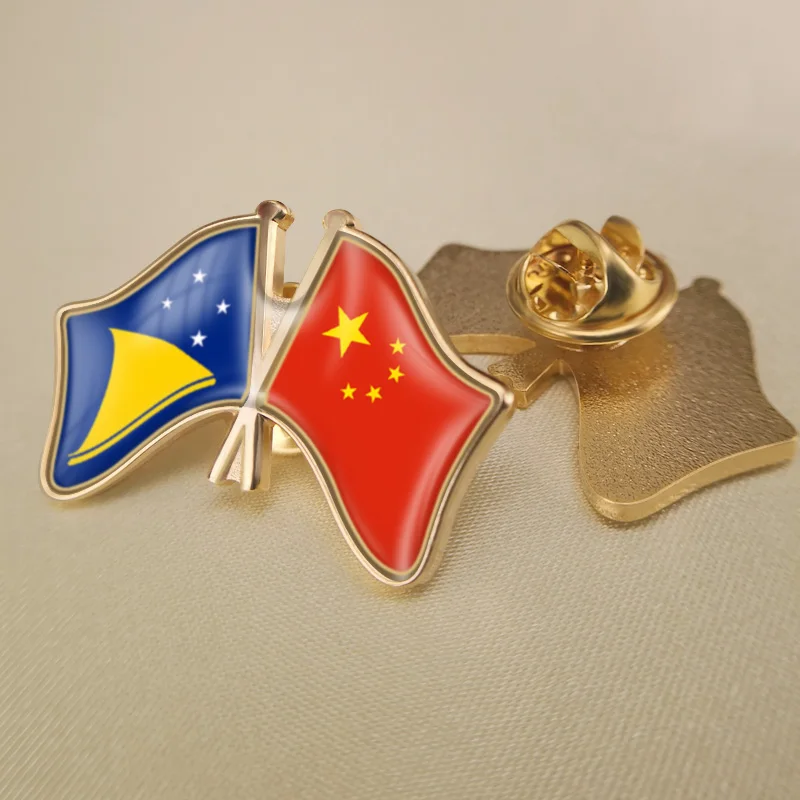 

Tokelau and China Crossed Double Friendship Flags Lapel Pins Brooch Badges