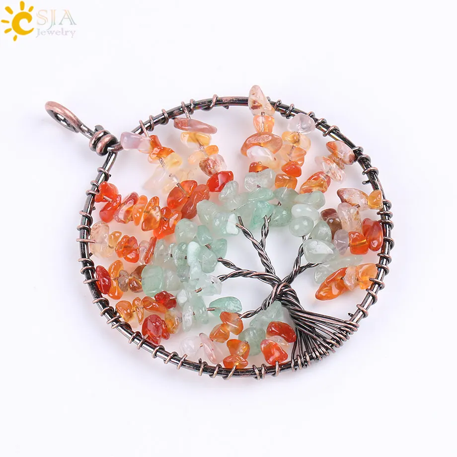 CSJA Tree of Life Chip Natural Stone Necklace & Pendants Purple Yellow Crystal Quartz Green Aventurine Reiki Chakra Jewelry E767 |