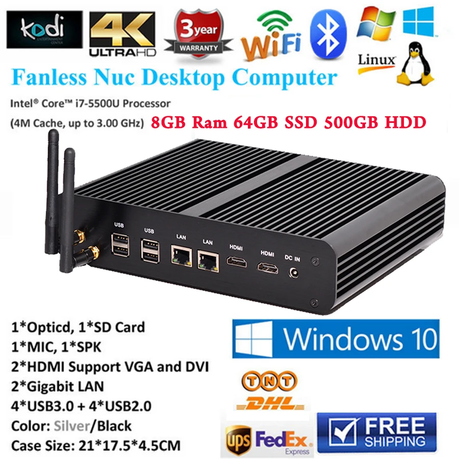 Безвентиляторный Mini ITX ПК Intel Core i7 4500u 5500u 8 ГБ Оперативная память 64 SSD 500 HDD SD Card 2 HDMI +