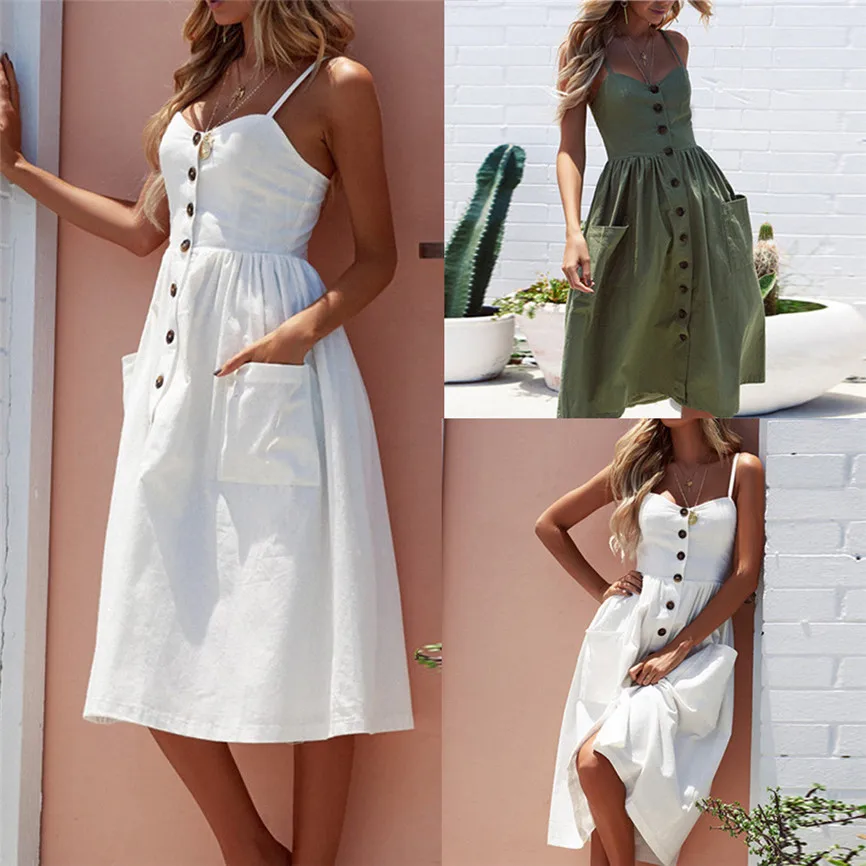 Женское пляжное платье на пуговицах однотонное принцессы без рукавов с