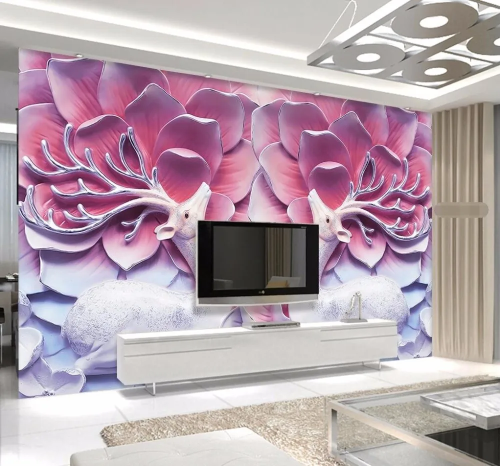 Обои для гостиной с изображением оленя и розового цветка|wallpaper mural|wallpaper murals