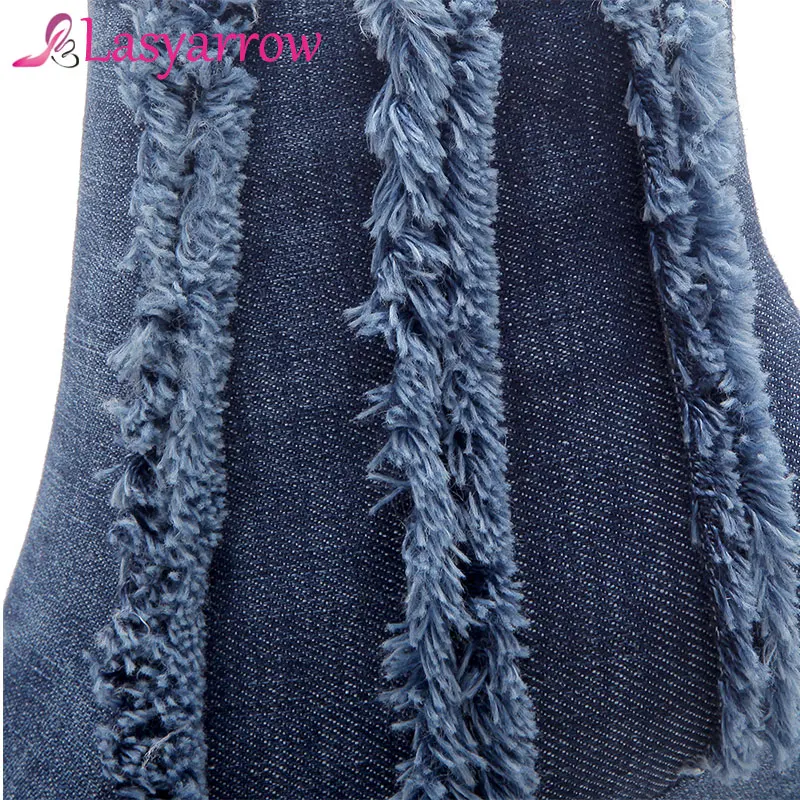 Lasyarrow 2018 Fashion Denim Ankle Boots Blue Lady's Tassel Pointed Toe Stilettos High Heels Autumn Winter Fringe Shoes Women | Обувь