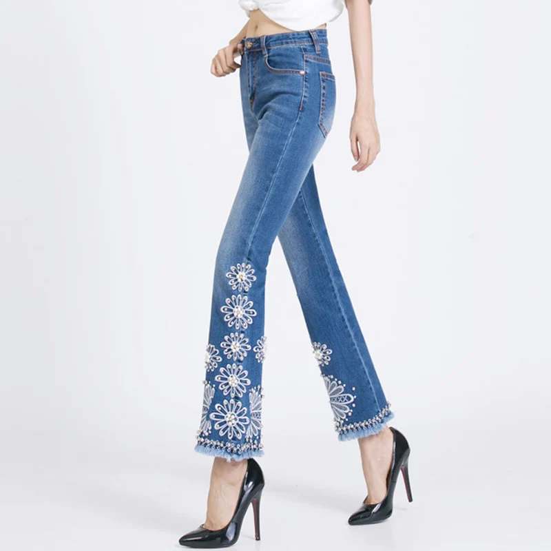 Женские брюки клеш FERZIGE синие повседневные джинсы с вышивкой бисером большие