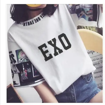 Kpop EXO те же Женщины свободные футболки k pop круглый вырез Harajuku студенческие топы с