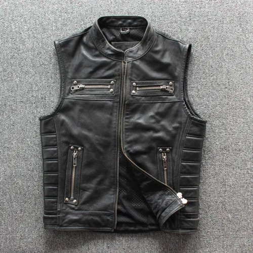 Vintage Black Винтажный Коричневый Мужской мотоциклетный кожаный жилет размера плюс 4XL из натуральной воловьей кожи весенний приталенный Байкерский жилет из натуральной кожи - Цвет: Vintage Black