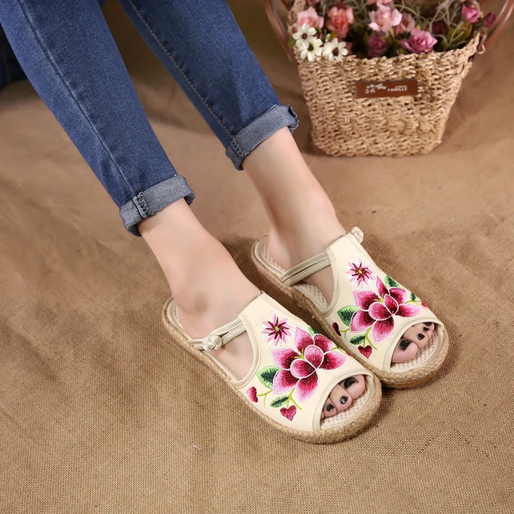 SAGACE/Новинка женские тапочки с вышивкой открытым носком в национальном стиле