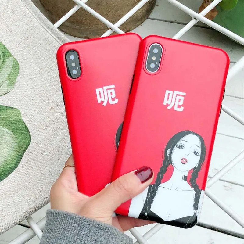 JIBAN Art wind girl Red Phone Case for iPhone X Soft TPU IMD frosted Cases iphone 8 7plus 6s 6plus protective phone Cover |