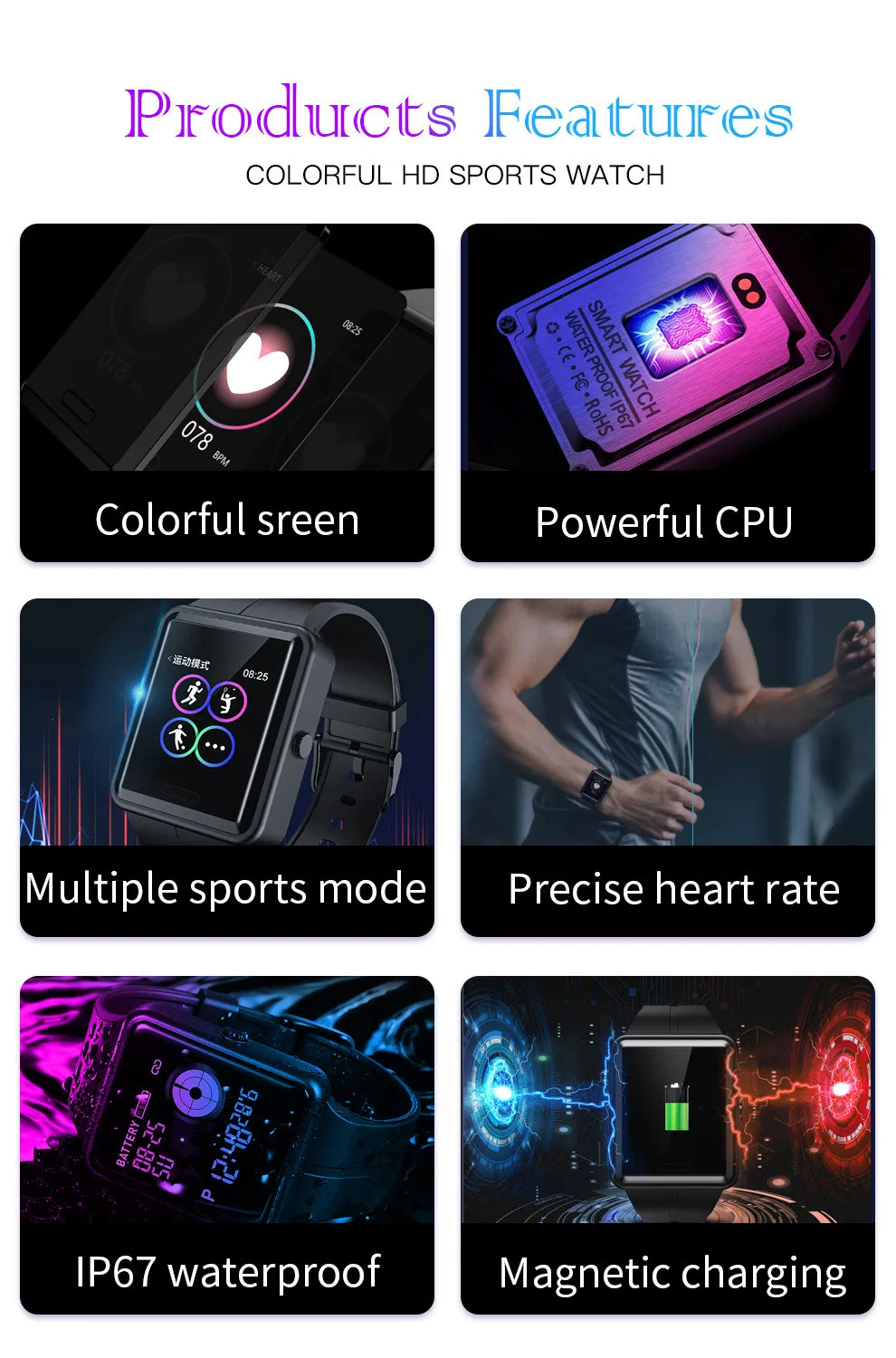SKMEI W37 HD динамические красочные спортивные наручные часы с сенсорным экраном подходят для испанских вызовов напоминание тема выбор сердечного ритма кровяное давление