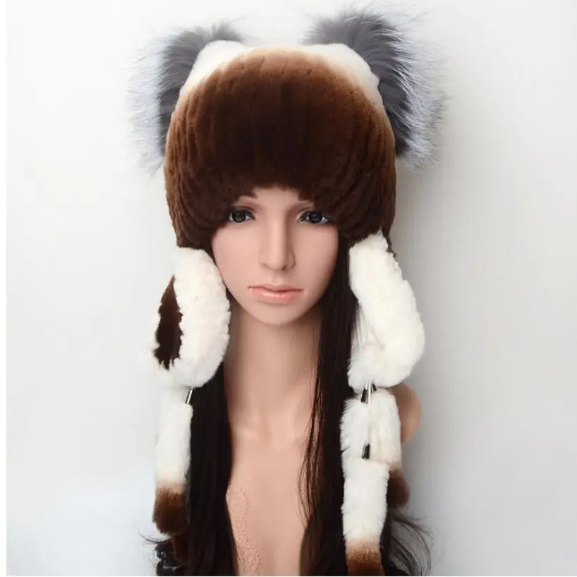 Russian winter fur hats for women knitted real rex rabbit fur hat with earflap womens fur hats fancy white gray black  H217