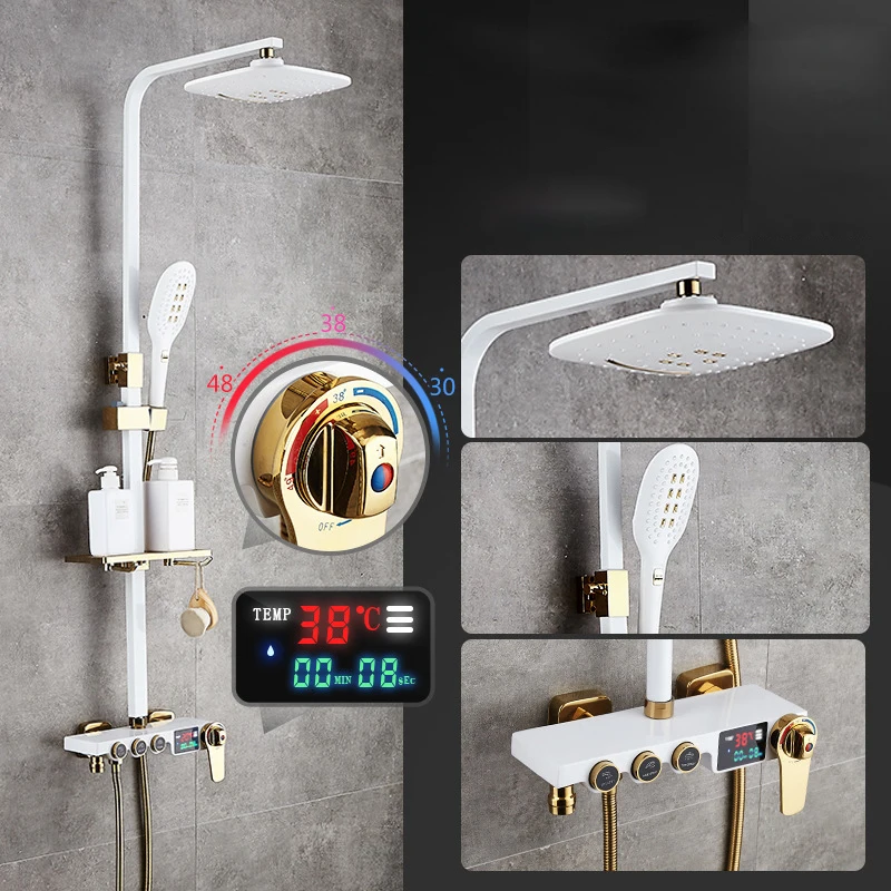 B4-Thermostatic Senducs Термостатический душ белого золота ванная комната смеситель для душа Новое поступление дождь Душевая Головка Белое золото цифровая для душевой набор - Цвет: B4-Thermostatic