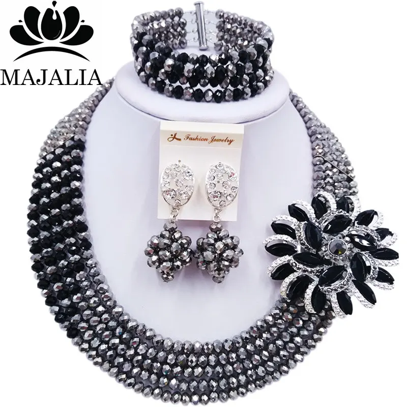 

Majalia Romantic Nigeria Wedding African Beads Jewelry Set Silver plated and Black Crystal Necklace Bridal Jewelry Sets 5AS045