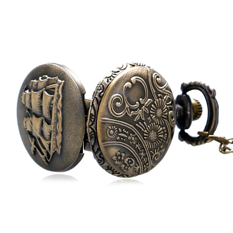 

Steampunk Antique Bronze Canvas Boat Women Men Quartz Pocket Watch Vintage Shipping With Necklace Reloj De Bolsillo Gifts