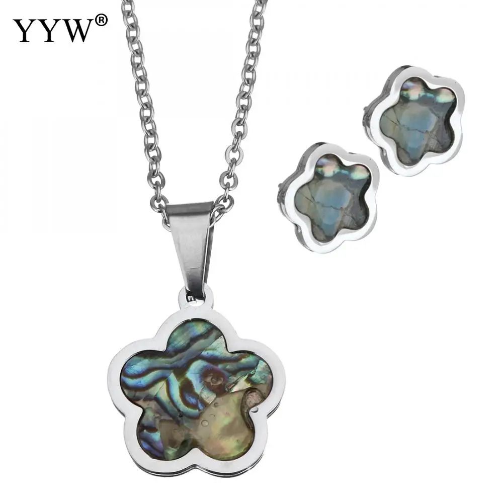 

Fashion Stainless Steel jewelry Sets sale Stud Earring oval chain 18.5x21mm,2mm,12.5x12mm and necklace with Abalone Shell flower