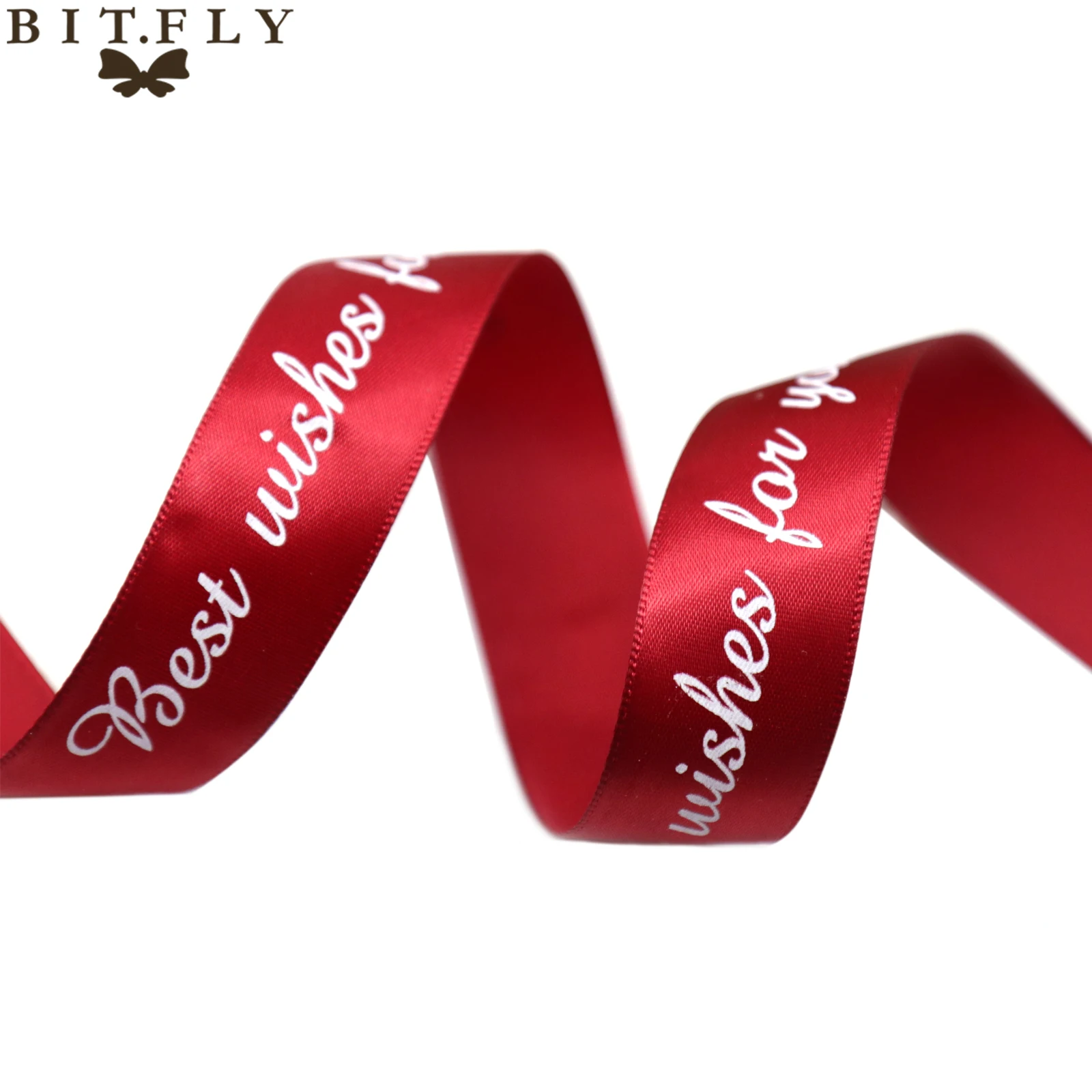 Лента для упаковки в подарок BIT. FLY 25 мм 10 ярдов с принтом надписью Best Wish Grosgrain