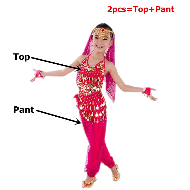 Rose red 2pcs Набор костюма для танца живота Восточный танец Индийский Египетский танец для девочек танец живота дети Болливуд топ брюки 6 цветов - Цвет: Rose red 2pcs