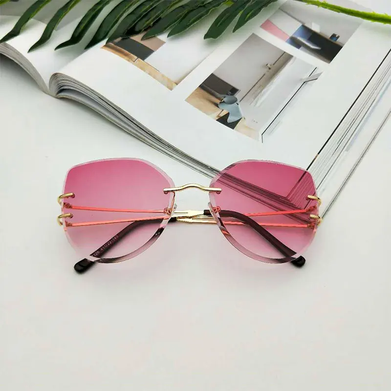 gradient pink Негабаритные солнцезащитные очки "кошачий глаз" без оправы, модные градиентные линзы коричневого цвета для женщин, прозрачные металлические солнцезащитные очки класса люкс - Цвет линз: gradient pink