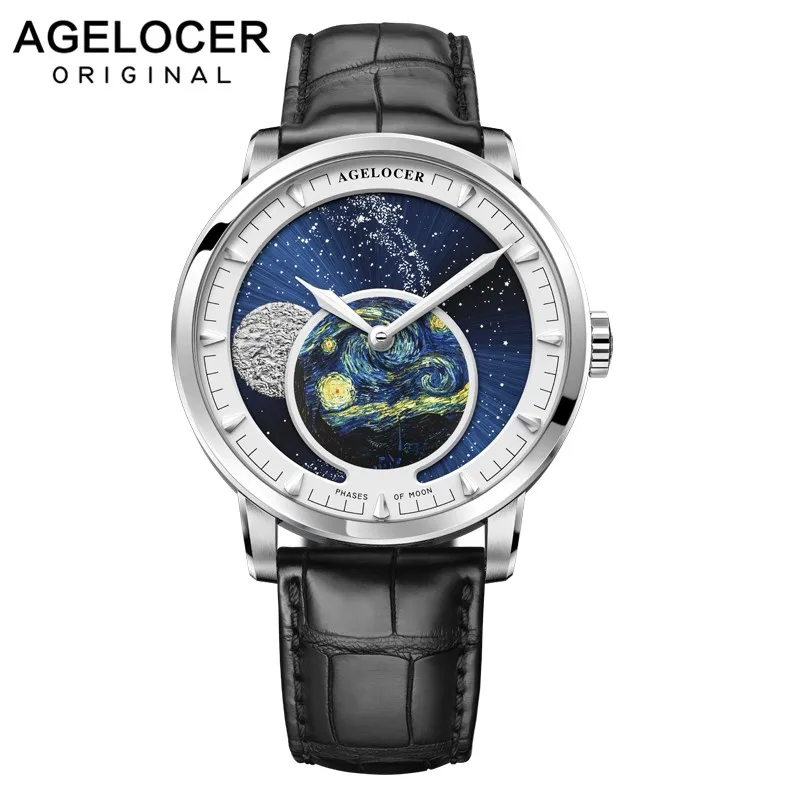 5401D9 AGELOCER, дизайн, фаза Луны, швейцарские часы, мужские часы, Топ бренд, роскошные черные кожаные часы, мужские автоматические часы 6401A1 - Цвет: 5401D9