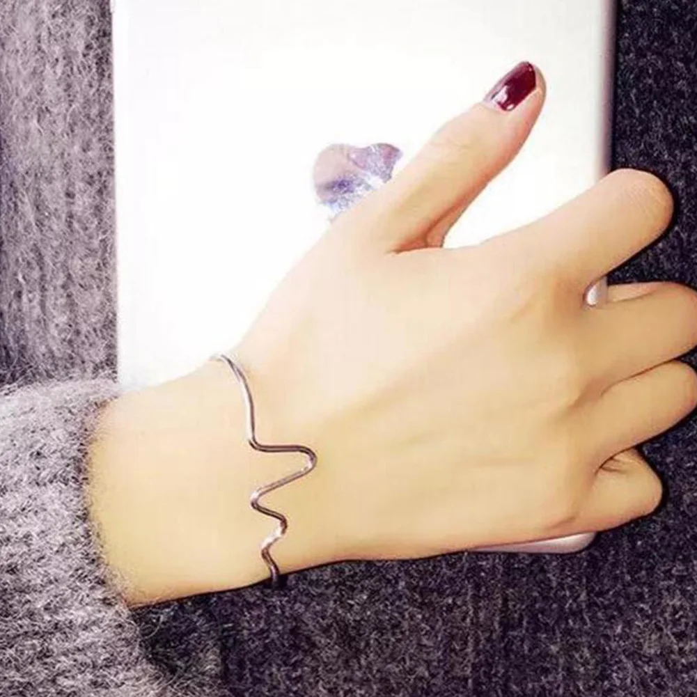 Fashion Simple Women Heart Beat Rhythm ECG Wave Open Ended Bangle Bracelet Party | Украшения и аксессуары