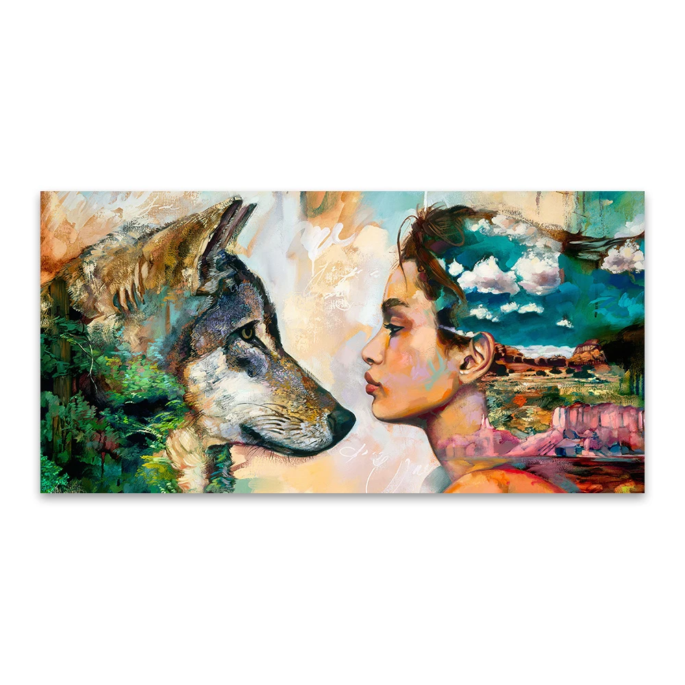

Posters and Prints Wall Art Painting Canvas Animal Figure Painting for Home Decor Wolf and Girl for Living Room No Frame