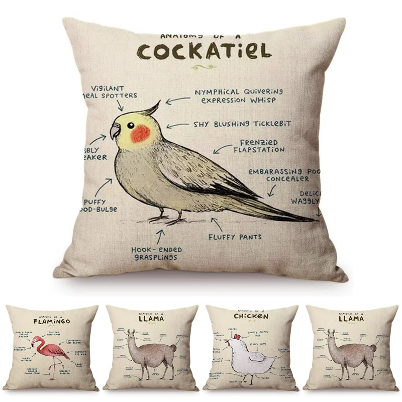 Милые животные Анатомия Cockatiel слон жираф корова единорог стиль Веселая наволочка