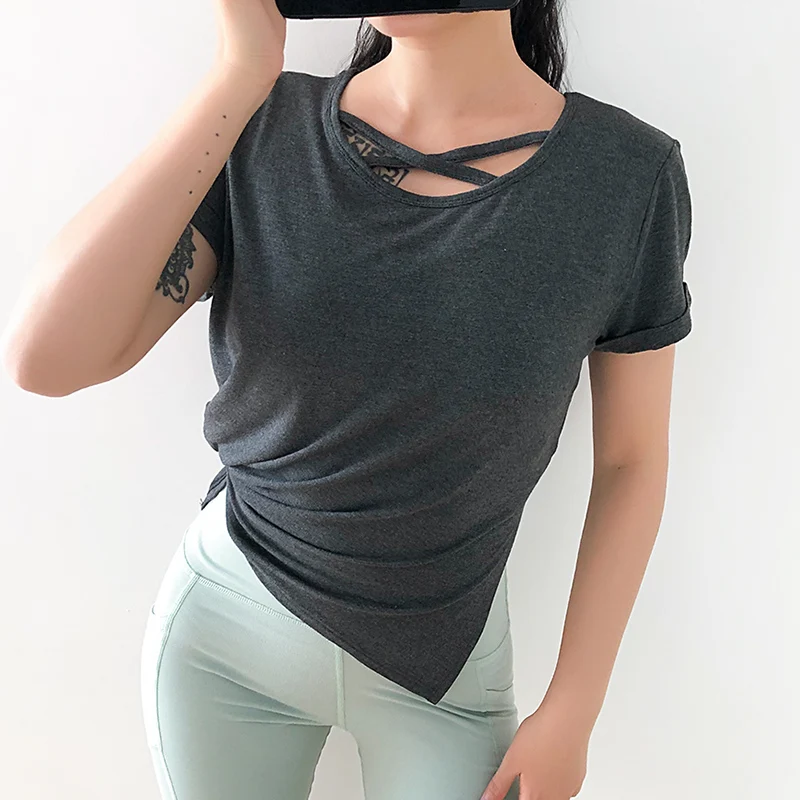 Dark Grey Цветная свободная Спортивная футболка для йоги с круглым вырезом для женщин, быстросохнущая футболка для занятий фитнесом, простая футболка для бега и танцев с короткими рукавами - Цвет: Dark Grey