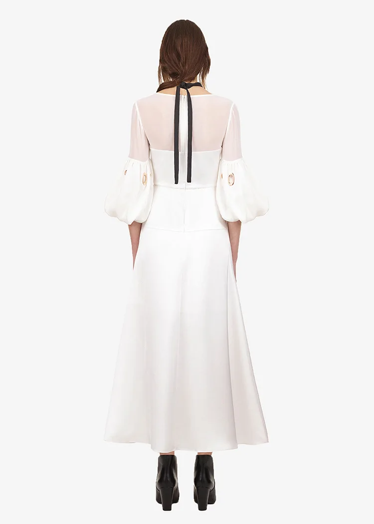 Осень модный фонарь рукав Плиссированное миди платье женское открытое белое кружевное платье Автопортрет Vestidos