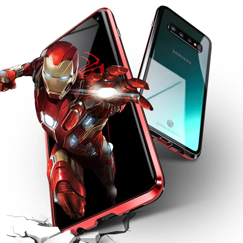 Magnetic Case For Samsung Galaxy S10 Plus S10E 5G Anti-knock Aluminum Metal &amp Back Side Tempered Glass Cover |